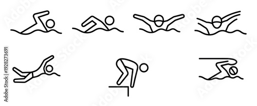 Set of black line swimming icons showing different strokes like freestyle, butterfly, backstroke, and a starting dive, presented in a clean, minimalist pictogram style