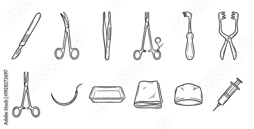 Collection of hand-drawn surgical instruments including a scalpel, scissors, forceps, and syringe in a minimalist black and white doodle style for medical concepts