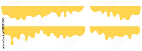 Yellow dripping borders set. Liquid honey paint drip edges isolated on white background. Vector melting divider shapes