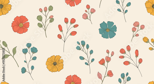 Seamless botanical floral vector background inspired by spring gardens and nature
