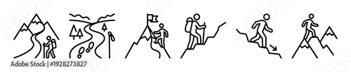 Set of six black line art icons depicting hiking and mountaineering activities, showing a person trekking, climbing a mountain, reaching a summit with a flag, and following a trail