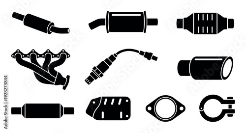 Car exhaust system parts icon set featuring a muffler, catalytic converter, manifold, and oxygen sensor in a black glyph style for automotive service and repair concepts