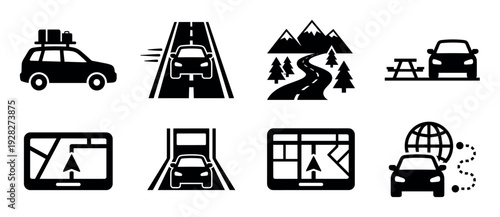Set of black car travel icons showing a road trip, highway driving, mountain route, rest stop, and GPS navigation for a journey, presented in a simple graphic silhouette style
