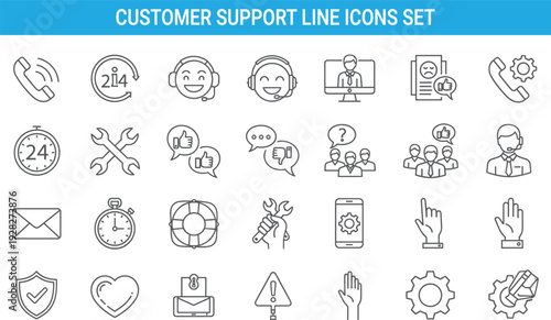 Customer support line icons set, call center assistance, help desk service, communication feedback, technical support vector symbols collection pack