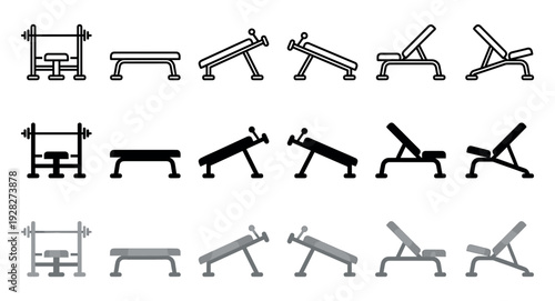 Collection of gym weight bench icons in various styles including line art, silhouette, and flat design showing different types like flat, incline, and decline benches for workouts