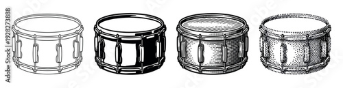 Four snare drum illustrations in different artistic styles including line art, silhouette, engraving, and stippling, showing a collection of musical percussion instruments