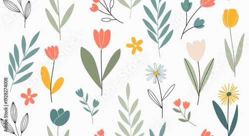 Seamless botanical floral vector background inspired by spring gardens and nature