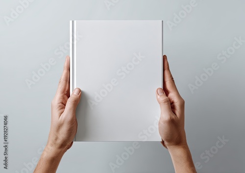 Two hands holding a blank white book against a light gray background, top view