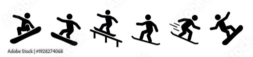 Black snowboarder pictogram icon set showing various actions and poses, including riding, jumping, grinding on a rail, and moving at speed in a minimalist style