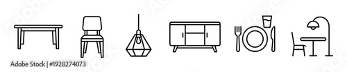 Set of black line icons depicting dining room furniture and interior elements in a simple, minimalist outline style for graphic design and web interface applications
