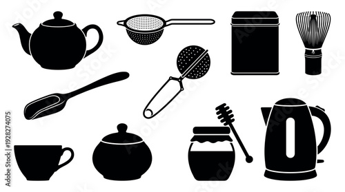 Set of black tea accessories silhouettes including a teapot, kettle, cup, strainer, matcha whisk, and honey pot for a tea ceremony or beverage preparation
