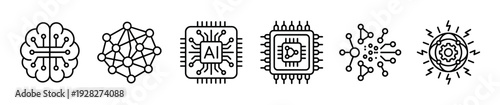Set of black line icons representing artificial intelligence, machine learning, and neural networks, featuring a digital brain, microchip, and interconnected nodes in a minimalist style