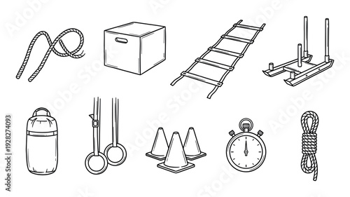 Set of hand-drawn gym equipment for functional fitness and cross-training, including a plyo box, agility ladder, weight sled, gymnastic rings, and battle rope in a line art style