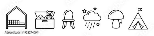 Set of black line art icons for children's nursery decor including a house bed, toy box, chair, weather cloud, mushroom lamp, and a play tent in a minimalist style