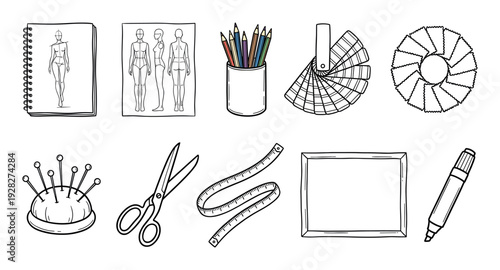 Hand-drawn set of fashion design and sewing tools including a sketchbook, croquis, pencils, color swatches, and scissors in a simple black and white line art illustration