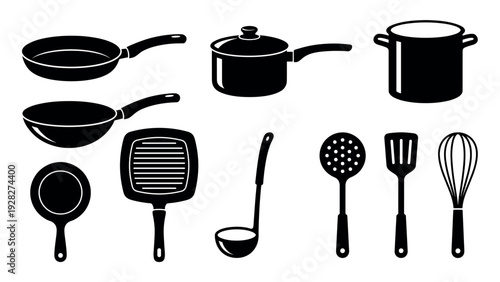 Black kitchen cookware and utensil icon set featuring a frying pan, pot, saucepan, spatula, ladle, and whisk in a minimalist graphic illustration style for cooking concepts