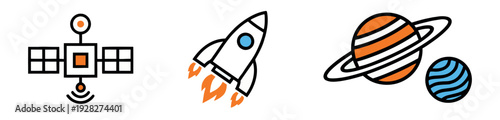 Vibrant space icons featuring a communications satellite, a launching rocket, and the planet Saturn with a smaller moon.
