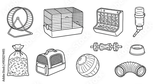 Collection of pet supplies for rodents including a cage, wheel, carrier, and toys, drawn in a simple black and white line art style for a clean and clear illustration