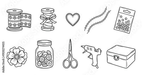 Hand-drawn set of crafting and sewing supplies including lace, thread, buttons, scissors, glue gun, and beads in a simple black and white outline doodle style