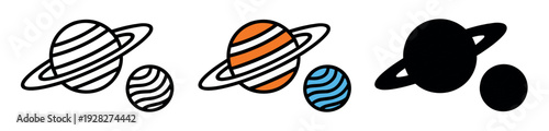 Saturn with rings and moon icon in three styles: line art, orange and blue color, and solid black silhouette.
