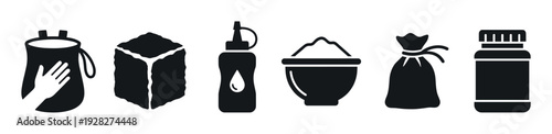 Set of black climbing chalk icons showing various forms like a bag, block, liquid, bowl, ball, and container for bouldering and gymnastics in a simple graphic silhouette style
