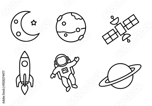 Black and white line art icons of an astronaut, rocket, satellite, planets, and moon. Clean, minimalist space theme set.
