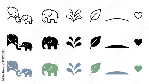 Set of minimalist elephant family icons with nature elements like a leaf and heart, shown in three variations: thin outline, solid black silhouette, and a muted color palette
