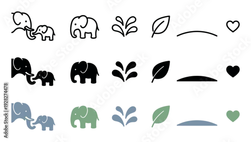 Obraz Set of minimalist elephant family icons with nature elements like a leaf and heart, shown in three variations: thin outline, solid black silhouette, and a muted color palette