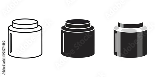 Three cylindrical containers with lids in black and white line art isolated on white background for design and packaging concepts