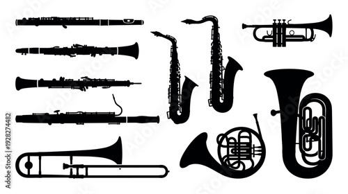 Collection of black silhouette musical instruments from the woodwind and brass families, including flute, clarinet, saxophone, trumpet, trombone, tuba, and french horn