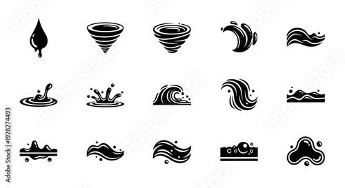 Water icons set. Liquid drop, wave, tornado, splash.