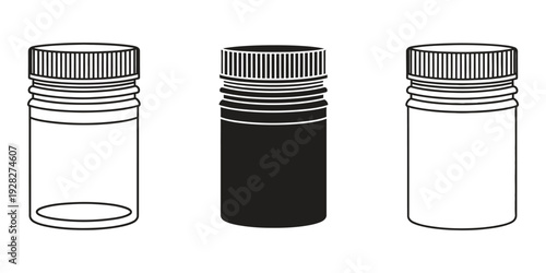 Three small cylindrical containers with screw on caps one empty clear one filled with dark substance and one empty white for storage or laboratory use