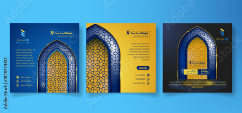 Set of social post template in blue yellow with mosque arch design for eid mubarak