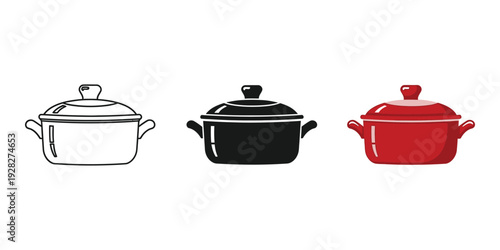 Colorful illustration of three covered pots in white black and red kitchenware concept