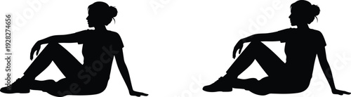 Silhouette illustration featuring mirrored figures of a seated person with bun hairstyle and casual clothing, perfect for symmetry, reflection, design, and decorative projects