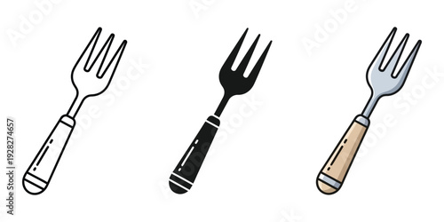 Three different forks with various handle colors on white background