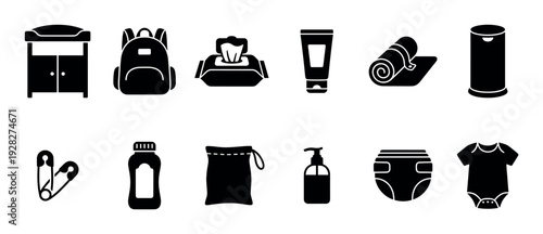 Collection of black silhouette baby care icons showing a changing table, diaper bag, wet wipes, cream, mat, pail, pins, powder, soap, diaper, and onesie for a newborn