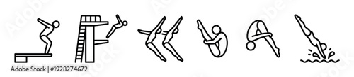 Set of black line art diving icons showing athletes in various positions, from springboard preparation and synchronized jumps to tuck and pike forms entering the water