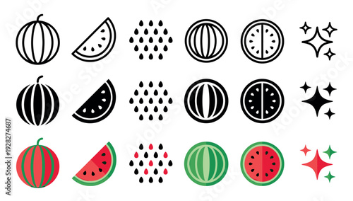 Watermelon vector icon set in multiple styles such as outline, solid glyph, and flat color, featuring whole fruit, juicy slices, seeds, and sparkling clean symbols