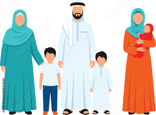 Middle Eastern Family of Four with Father, Mother, and Two Children in Traditional Clothing – Vector Illustration