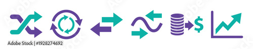 Set of business and finance icons in purple and teal colors, illustrating concepts like exchange, cycle, growth, and currency for modern infographic and web design elements