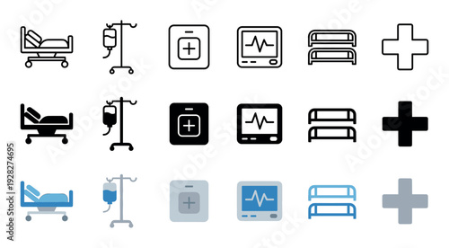 Set of medical and hospital icons in line, solid, and color styles featuring a patient bed, IV drip, heart rate monitor, first aid kit, and a medical cross symbol