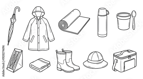 Collection of hand-drawn picnic and outdoor gear including a raincoat, boots, umbrella, thermos, and lunch bag in a simple black and white line art doodle illustration style