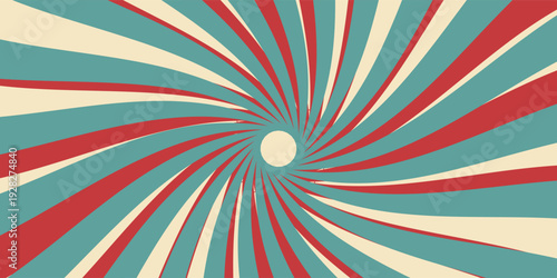 Circus or carnival rays background layout with vector grunge texture. Retro spiral pattern with red, white and blue radial stripes of vintage circus, carnival, fair or chapiteau big top tent