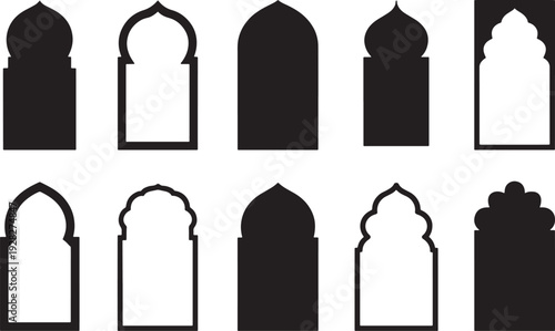 Ten black and white window arch silhouettes with various architectural styles