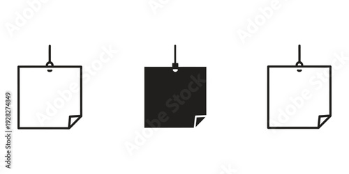 Three blank paper notes with lines hanging down on white background black and white sticky notes with push pins empty paper pads for reminders and to do lists