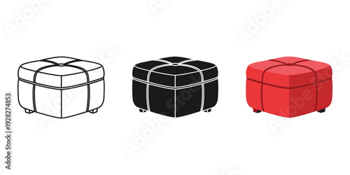 Three colorful ottomans in white black and red with stitched patterns on a white background modern furniture