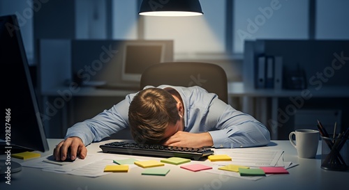 Burned-out employee leaning over desk with forehead touching keyboard scattered sticky notes dark moody lighting realistic office scene powerful representation of exhaustion