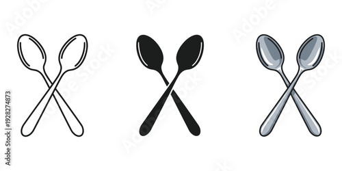 Three pairs of crossed spoons in black and white kitchen utensils icon set isolated on white background