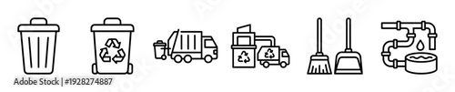 Set of black sanitation line icons representing waste management, recycling, cleaning, and plumbing services with a garbage truck, trash can, broom, and dustpan illustration